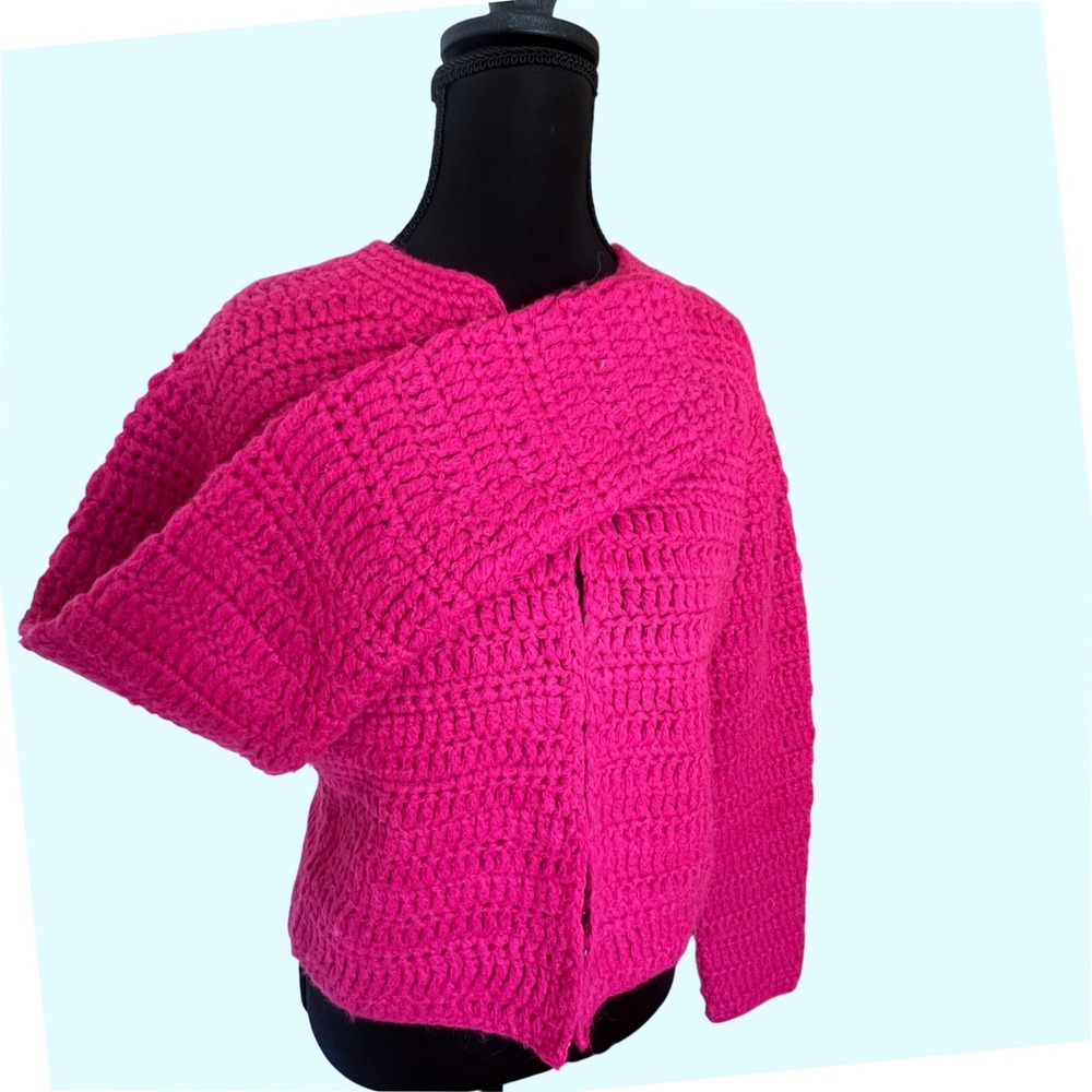 S48‎ Fuschia Pink Crochet Knit Cardigan Women M Wool Blend Quiet Luxury